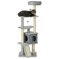 PawHut Arbre à chat arbre à grimper pour chat multi-équipements griffoirs 4 plate-formes 1 niche 1 panier hauteur 146 cm gris(m-1)