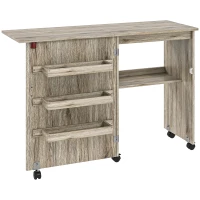 HOMCOM Table de couture pliante meuble couture à abattant avec bacs de rangement, étagère ouverte et roulettes effet bois grisé(m-11)