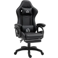 HOMCOM Chaise de Gaming Inclinable à 125° et Massante en Similicuir avec Repose-Pieds, 65x68x120-128 cm, Noir(m-6)