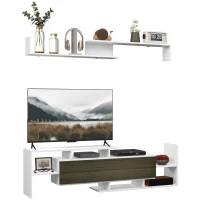 HOMCOM Meuble TV avec Étagère Murale, Étagères Ouvertes et Placard en Bois, Blanc et Noir(m-5)