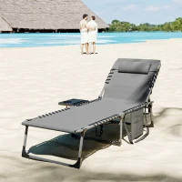Outsunny Transat de Jardin Pliable et Inclinable en 5 Niveaux avec Tablette Latérale et Poche, 60x190x31 cm, Gris et Noir(m-3)