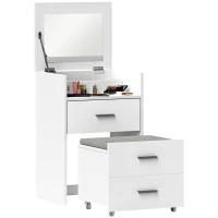 HOMCOM Coiffeuse en Bois avec Miroir Rabattable, 2 Tiroirs et Tabouret, 50x40x113.5 cm, Blanc(m-5)