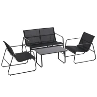 Outsunny Ensemble Table avec Banc et 2 Chaises de Jardin, Mobilier d'Extérieur en Métal et Textilène, Noir(m-6)