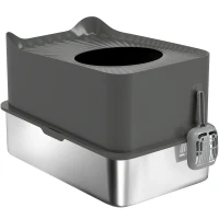 PawHut Stainless Steel Cat Litter Tray, Extra Large Enclosed Litter Box with Scoop, Top Entrance, Non-slip Pads, Dark Grey(m-11)