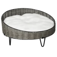 PawHut Cama para Perros Gatos de Mimbre Redonda Cesta Ratán para Mascotas Pequeños con Cojín Lavable y Patas Elevadas de Acero Ø60x32 cm Gris y Blanco(m-10)