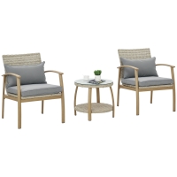 Outsunny Salotto da Giardino in Rattan con 2 Poltroncine con Cuscini e Tavolino in Vetro, Marrone e Grigio