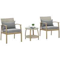 Outsunny Salotto da Giardino in Rattan con 2 Poltroncine con Cuscini e Tavolino in Vetro, Marrone e Grigio(m-1)