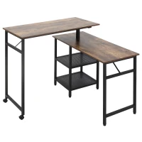 HOMCOM Bureau Informatique Design Industriel modulable Bureau d'angle 2 étagères Aspect Vieux Bois métal Noir(m-10)