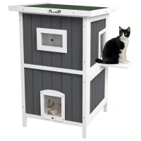 PawHut Niche pour chat extérieure maison pour chat 2 niveaux porte chatière porte à lamelles 60 x 60 x 90,5 cm gris(m-10)