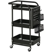 HOMCOM Carrinho de Cozinha com Rodas Carrinho de Armazenamento de 3 Níveis com 4 Ganchos 2 Cestas Alça de Transporte e Rodas com Freio para Casa de Banho Escritório Dormitório 51,5x32x75,6cm Preto(m-10)