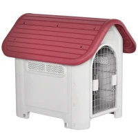 PawHut Hundehütte Outdoor Hundehaus mit Dachluke Tor Unterschlupf für kleine Hunde Kleintierstall Luftzirkulation wasserdicht Metall Kunststoff Rot+Hellgrau 59 x 75 x 66 cm(m-1)
