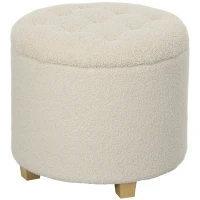 HOMCOM Tabouret rond de rangement avec couvercle et pieds en bois, Repose-pied pour salon, couloir, chambre à coucher, Crème(m-1)