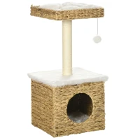 PawHut Arbre à chat 2 niveaux avec 1 niche 1 poteau sisal 1 plateforme d'observation et 1 pompon suspendu jacinthe d'eau(m-11)