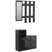 HOMCOM Set Appendi Abiti da Ingresso con Specchio e Scarpiera per 8 Paia di Scarpe, Nero Lucido(m-1)