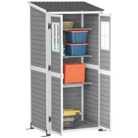 Outsunny Casetta da Giardino in Legno con Ripiani Regolabili, Due Porte con Blocco e Finestre, Grigio