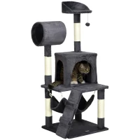 PawHut Arbre à Chats avec Griffoir pour Chats, Maison pour Chats, Hamac, Lit, Tunnel et Balle, 48x48x125 cm, Gris Foncé(m-6)