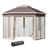 Outsunny Tenda Dobrável 4,05x3,4x2,85 m Tenda de Jardim Hexagonal com 6 Mosquiteiras Amovíveis e Altura Ajustável Bege(m-1)