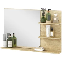 kleankin Miroir de Salle de Bain Moderne avec 2 Étagères Latérales et Étagère Inférieure, en Bois et Verre, 75x10x48 cm, Bois Naturel(m-1)