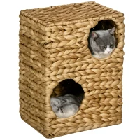 PawHut 2-stöckiges Katzenhaus mit 2 Schlafhöhlen, waschbare Kissen, Wasserhyazinthe, 40x31x55 cm, Hellbraun(m-10)