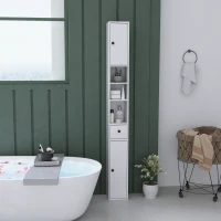 HOMCOM Colonne de Salle de Bain Gain de Place avec 2 Armoires, 3 Étagères Ouvertes et Tiroir, en Bois, 20x20x178 cm, Blanc(m-4)