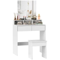 HOMCOM Table de Maquillage avec Miroir, 3 Étagères, 2 Tiroirs et Tabouret, en Bois, 75x38x135 cm, Blanc(m-5)