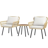 Outsunny Juego de 3 Piezas Sillas y Mesa de Ratán PE con 2 Sillas 1 Mesa de Centro Redonda y Cojines para Terraza Balcón Natural(m-10)