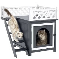 PawHut Maison pour chat niche pour chat à 2 étages avec balcon escaliers en bois massif 67,5 x 63 x 68,5 cm gris(m-10)