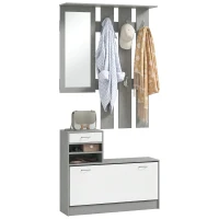 HOMCOM Set Mobile d'Entrée avec Portemanteau à 6 Crochets, Mobile Porte-Chaussures avec Tiroir et Miroir, Gris(m-5)