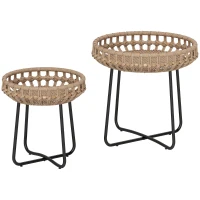 Outsunny Lot de 2 tables d'appoint en poly-rotin Ø60/41 cm, tables de jardin rondes résistantes aux intempéries avec pieds en X et patins de pied réglables Brun(m-7)
