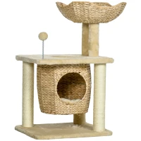PawHut Arbre à chats griffoir sisal naturel 1 niche panier pompon peluche jacinthe d'eau 45 x 40 x 74 cm beige(m-11)