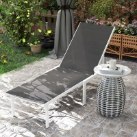 Outsunny Chaise Longue avec Dossier Réglable sur 5 Niveaux, en Acier et Textilène, 60x166x84 cm, Blanc et Gris(m-3)