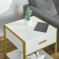 HOMCOM Ensemble de 2 Tables de Chevet Modernes avec Tiroir et Étagère Ouverte en MDF et Acier, 45x40x60cm, Blanc et Or(m-4)