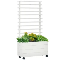 Outsunny Fioriera Verticale con 4 Ruote e Traliccio per Piante Rampicanti in Legno, 76x30x155cm, Bianco(m-1)