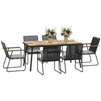Outsunny Sitzgruppe 7-teilig Metall Essgruppe für 6 Personen Esstisch mit Tisch 6 Stühlen Esszimmergruppe Naturholz+Schwarz(m-10)