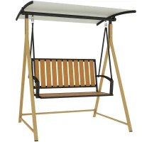 Outsunny Baloiço de Jardim de 2 Lugares com Toldo Ajustável e Estrutura de Metal Carga 240 kg 142x112x162 cm Madeira e Creme(m-10)