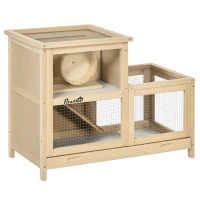 PawHut Wooden Hamster Cage with Sliding Tray, 2 Tiers Gerbil Cage Mice Rodent Small Animal Hutch with Run Area, Openable Roofs, Ramp, Seesaw, Running Wheel, 78 x 41.5 x 60 - Natural(m-10)