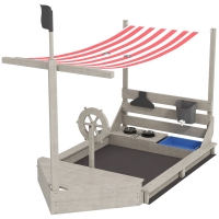 Outsunny Bac à Sable de Navire de Pirates avec Auvent, Inclut Ensemble de Jeu de Cuisine pour Enfants, Bois Massif, 180 x 103 x 144,5 cm, Gris