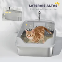 PawHut Caixa de Areia para Gatos em Aço Inoxidável XXL com Borda Alta Pá Fácil de Limpar À Prova de Fugas 70x50x30 cm Cinzento(m-6)