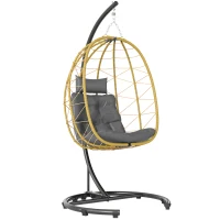 Outsunny Fauteuil Suspendu et Pliable avec Coussins, en Acier et Rotin PE, 102x102x195 cm, Noir Gris et Beige(m-6)