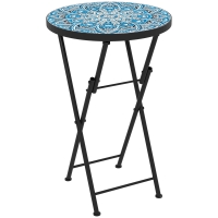 Outsunny Table de jardin en mosaïque, Table de terrasse ronde pliable avec cadre en métal et plateau en céramique, Motif mosaïque, Bleu