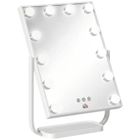 HOMCOM Espelho de Maquilhagem Espelho de Mesa com 12 Luzes LED 3 Temperaturas de Cores Ecrã Tátil Ajustável e Função de Memória para Dormitório Casa de Banho 32,8x11x47,4cm Branco(m-10)
