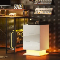 HOMCOM Table de Chevet Moderne avec Lumière LED Réglable et Télécommande, 3 Tiroirs, 40x35x60 cm, Blanc Brillant(m-4)