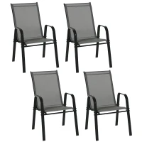 Outsunny Lot de 4 Chaises de Jardin Empilables et Gain de Place avec Accoudoirs en Métal et Tissu en Filet, Gris(m-5)