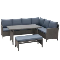 Outsunny Outdoor-Sitzgarnitur, 4-teilige Sitzgruppe, Gartenmöbelset mit Beistelltisch, Metall, Rattan, Grau, 172 x 67 x 74 cm(m-1)