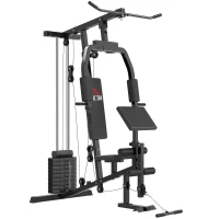 HOMCOM Multiestación Máquina de Musculación con Estribo para Piernas Poleas y Placas de Peso de 45 kg para Entrenamiento Fitness en Hogar Gimnasio 148x108x207 cm Negro(m-1)