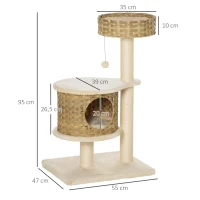 PawHut Arbre à Chat Rotin 95 cm Hauteur 3 Étages avec Plateforme, Panier Chat, Arbre à Chat avec Cabane à Chats Poteaux Sisal Boules de Jeux Mobilier pour Chat Sisal Nature+Beige(m-3)