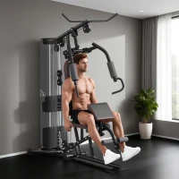 HOMCOM Station de musculation - entraînement complet multifonction - développé couché, butterfly, barre latissimus, curler, bande résistance - 10 contrepoids 45 kg en total - acier(m-4)