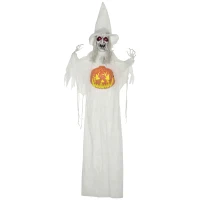 HOMCOM 6ft Outdoor Halloween Decoration Witch with Pumpkin, Hanging Skeleton Witch Prop Life Size with Sound and Motion Activated, Light Up Eyes, Laughing Sound, Posable Arms, White(m-10)
