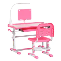 HOMCOM Ensemble Bureau pour Enfants 6-12 Ans avec Chaise Réglable en Hauteur, Tiroir, Lumière et Plateau Inclinable, Rose(m-5)