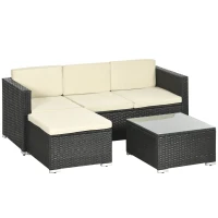 Outsunny Conjunto de Muebles de Ratán de Jardín Sofá de 3 Plazas Taburete y Mesa de Centro con Encimera de Cristal Negro(m-1)